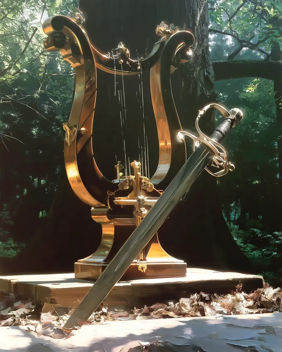 Eine goldene Leier und ein Schwert auf einem Steinsockel im Wald